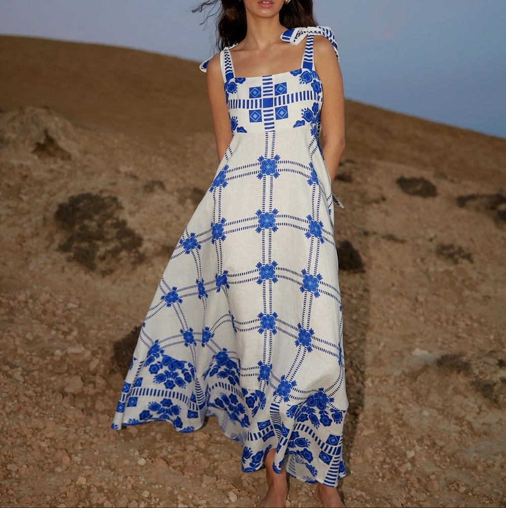 Aston Studio Pippa Tie-Straps Printed Linen Maxi Dress